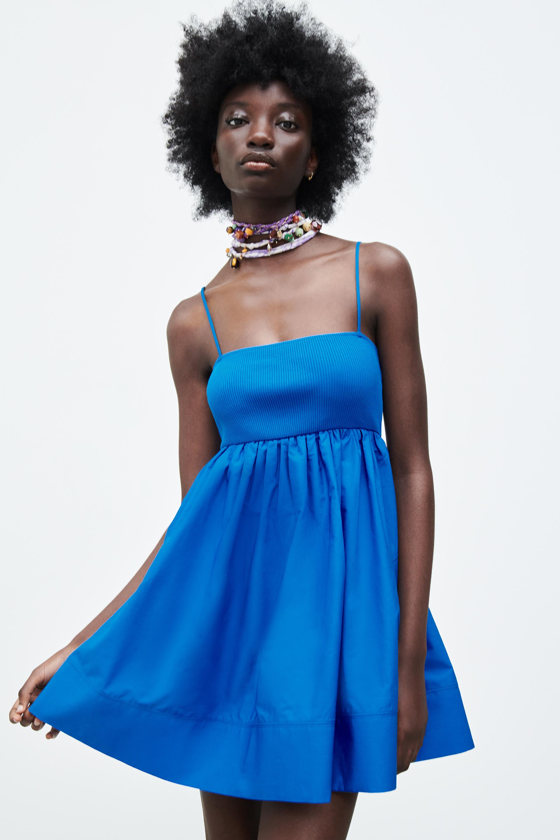 コンビ素材ボリュームワンピース 濃青 Zara Japan 日本 コンビ素材ボリュームワンピース 濃青 Zara Japan 日本