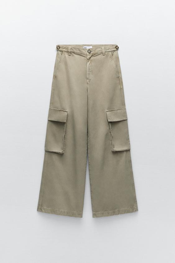 WIDE-LEG CARGO TROUSERS - Light khaki 