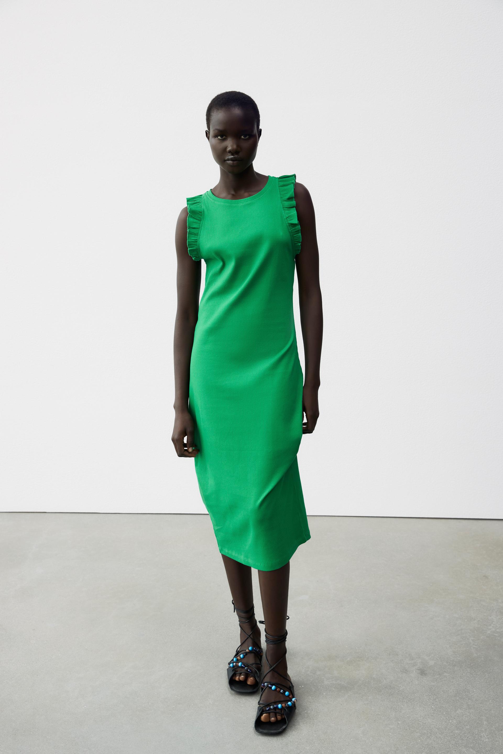 ミディ丈フリルワンピース グリーン Zara Japan 日本 ミディ丈フリルワンピース グリーン Zara Japan 日本