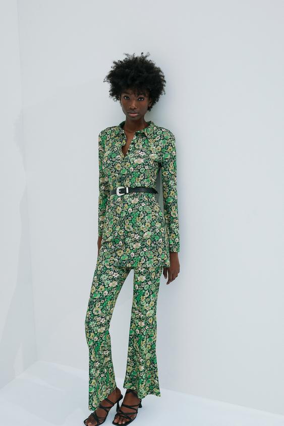 PRINTED FLOWING TROUSERS - Mid-green 