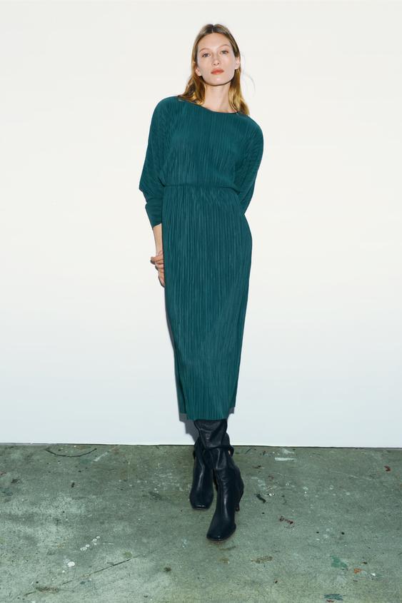 プリーツミディ丈ワンピース ターコイズグリーン Zara Japan 日本 プリーツミディ丈ワンピース ターコイズグリーン Zara Japan 日本