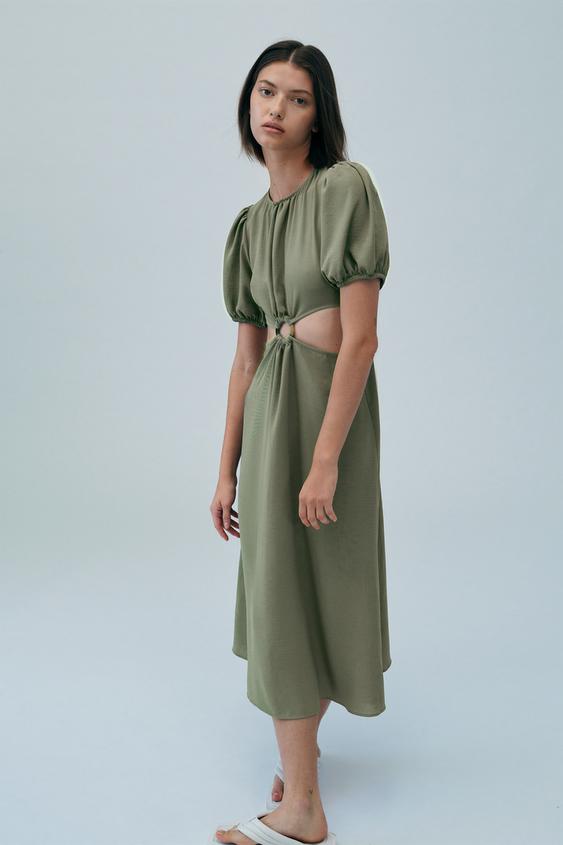 カットアウトディテール入りミディ丈ワンピース ライトカーキ Zara Japan 日本 カットアウトディテール入りミディ丈ワンピース ライトカーキ Zara Japan 日本