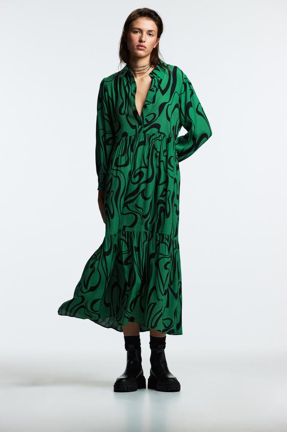 プリント ミディワンピース グリーン Zara Japan 日本 プリント ミディワンピース グリーン Zara Japan 日本