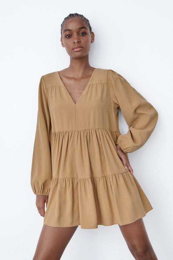 ティアード ミニワンピース ライトキャメル Zara Japan 日本 ティアード ミニワンピース ライトキャメル Zara Japan 日本