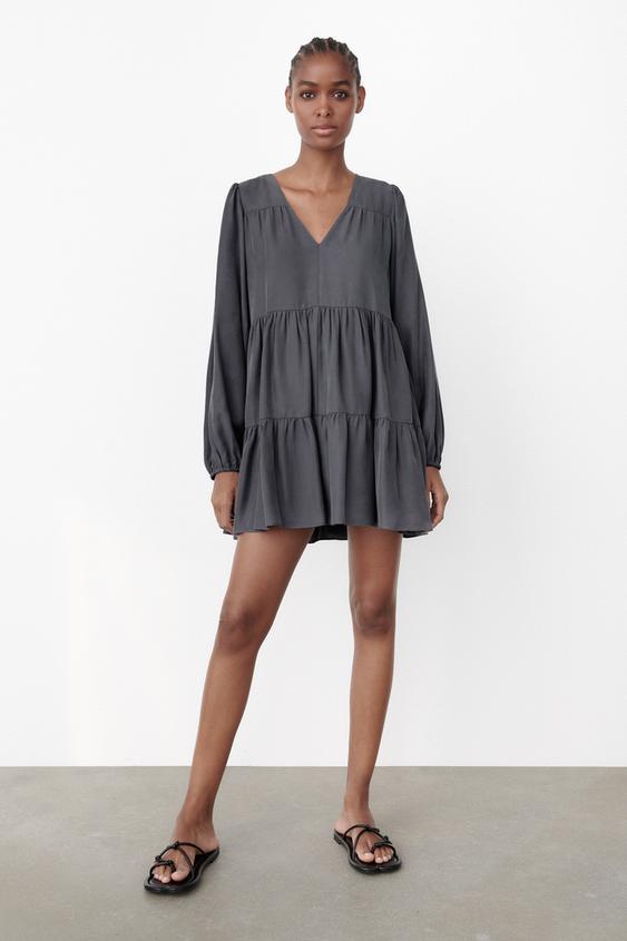 ティアード ミニワンピース パールグレー Zara Japan 日本 ティアード ミニワンピース パールグレー Zara Japan 日本