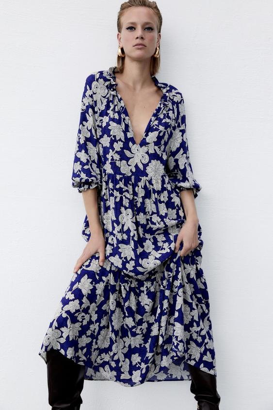 オーバーサイズフラワープリント ワンピース コバルト Zara Japan 日本 オーバーサイズフラワープリント ワンピース コバルト Zara Japan 日本