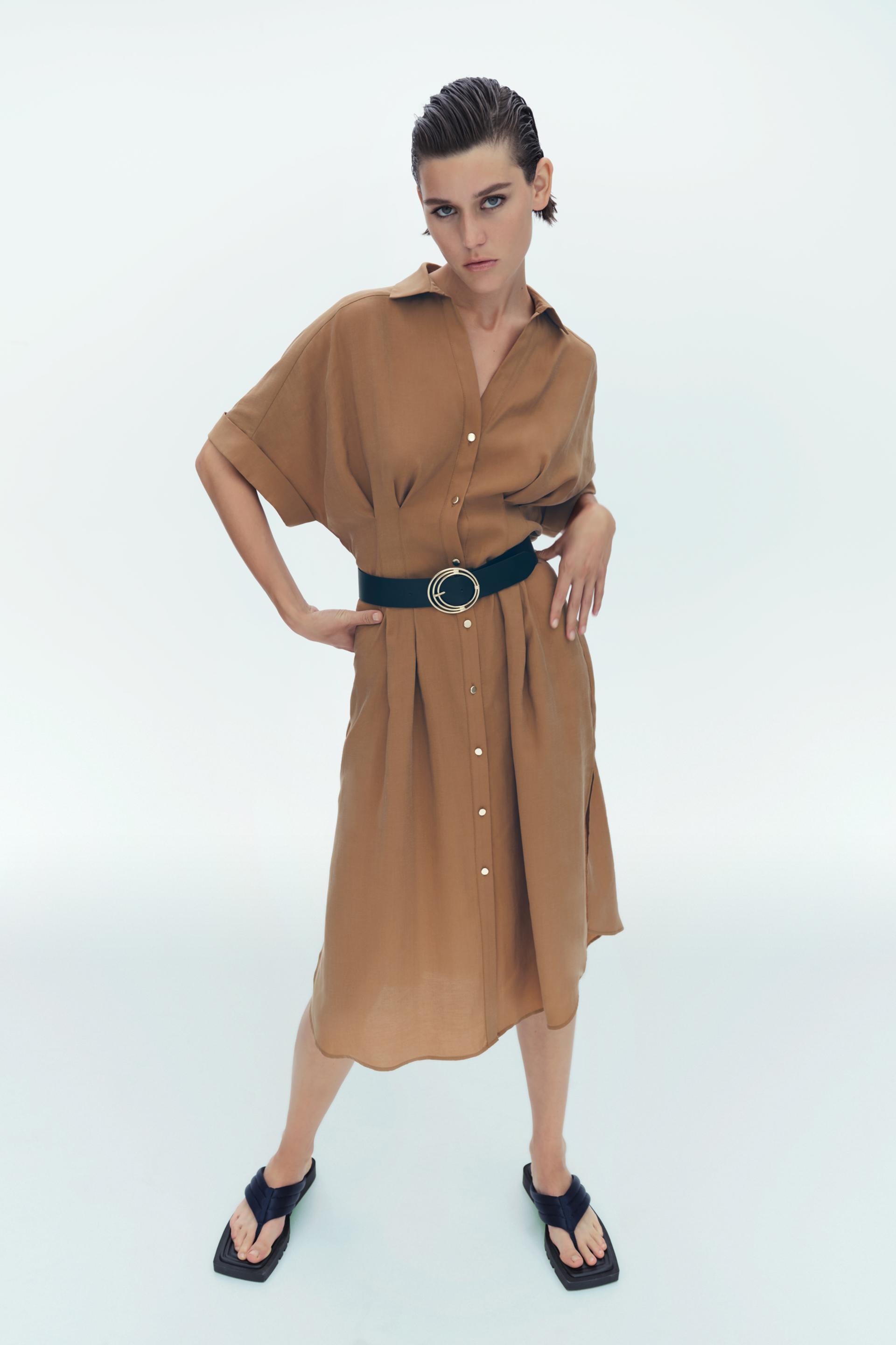 ベルト付きシャツワンピース ゴールデンブラウン Zara Japan 日本 ベルト付きシャツワンピース ゴールデンブラウン Zara Japan 日本