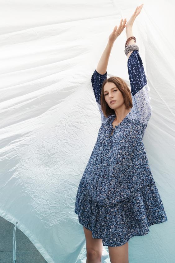 フラワープリントパネルワンピース インディゴブルー Zara Japan 日本 フラワープリントパネルワンピース インディゴブルー Zara Japan 日本