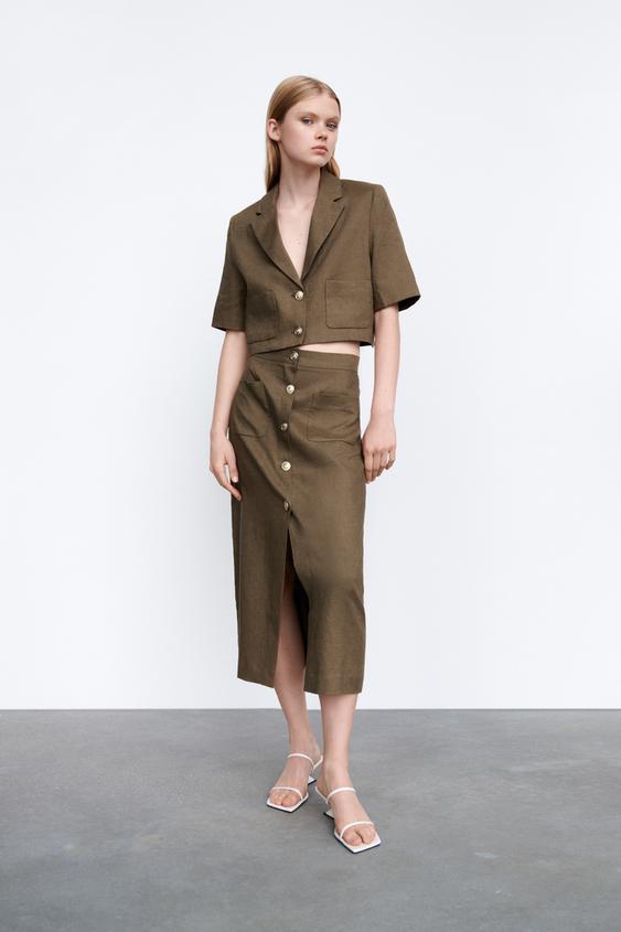 クロップド リネン ブレザー カーキ Zara Japan 日本 クロップド リネン ブレザー カーキ Zara Japan 日本