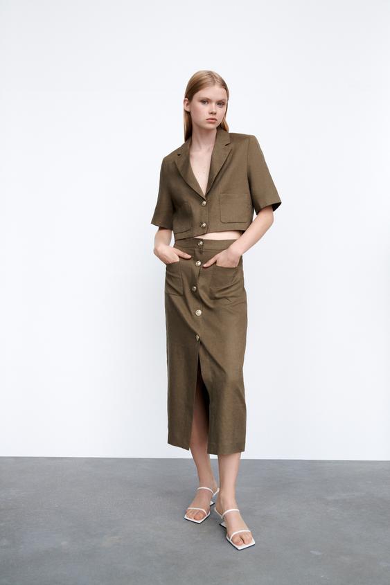 ミディ丈リネンスカート カーキ Zara Japan 日本 ミディ丈リネンスカート カーキ Zara Japan 日本