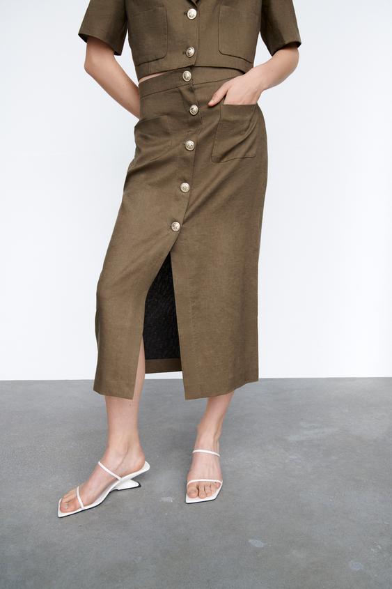 ミディ丈リネンスカート カーキ Zara Japan 日本 ミディ丈リネンスカート カーキ Zara Japan 日本