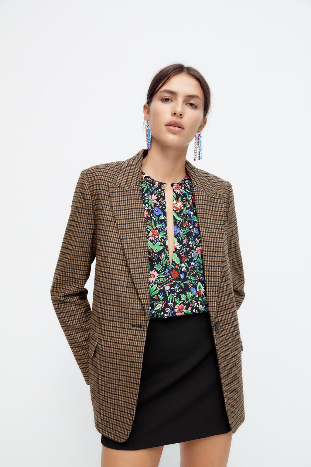 ZARA - WOOL BLEND ELBOW PATCH BLAZER - Taupe Brown