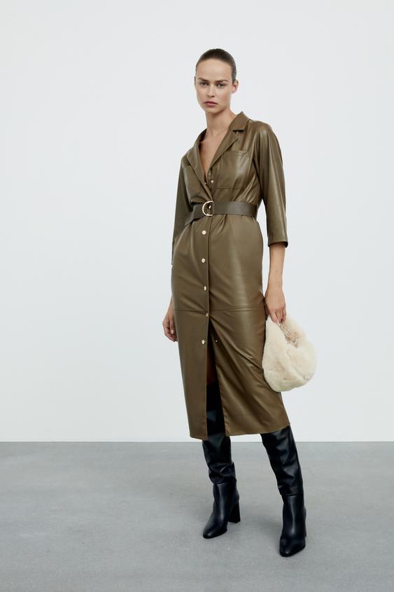レザー風シャツワンピース カーキ Zara Japan 日本 レザー風シャツワンピース カーキ Zara Japan 日本