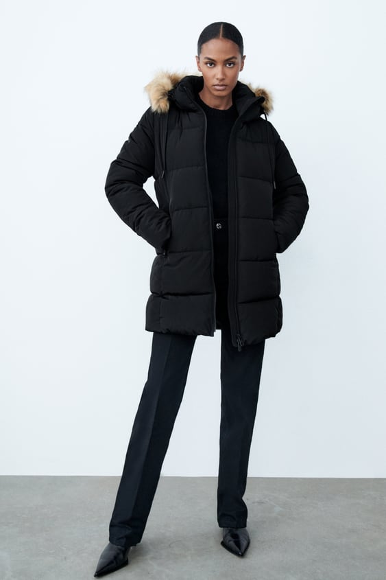 Water Repellent Puffer Coat Black, Zara Womens Fur Hooded Coat