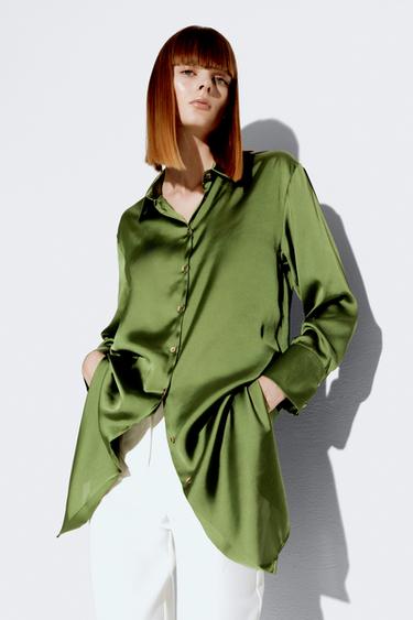 zara green satin blouse