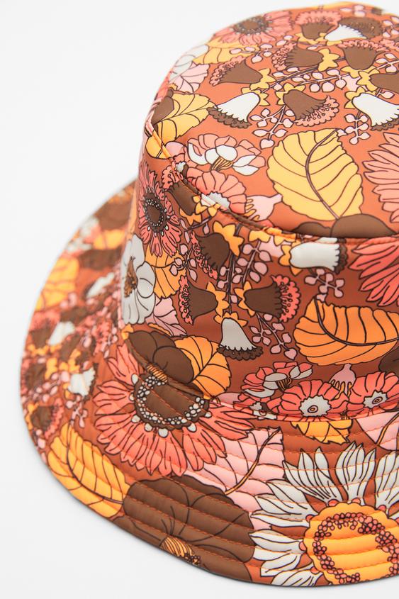 QUILTED FLORAL BUCKET HAT - Orange 
