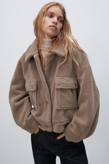 FAUX SHEARLING BOMBER JACKET WITH POCKETS
