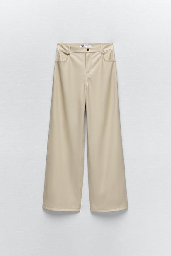 WIDE-LEG FAUX LEATHER TROUSERS - Ecru 