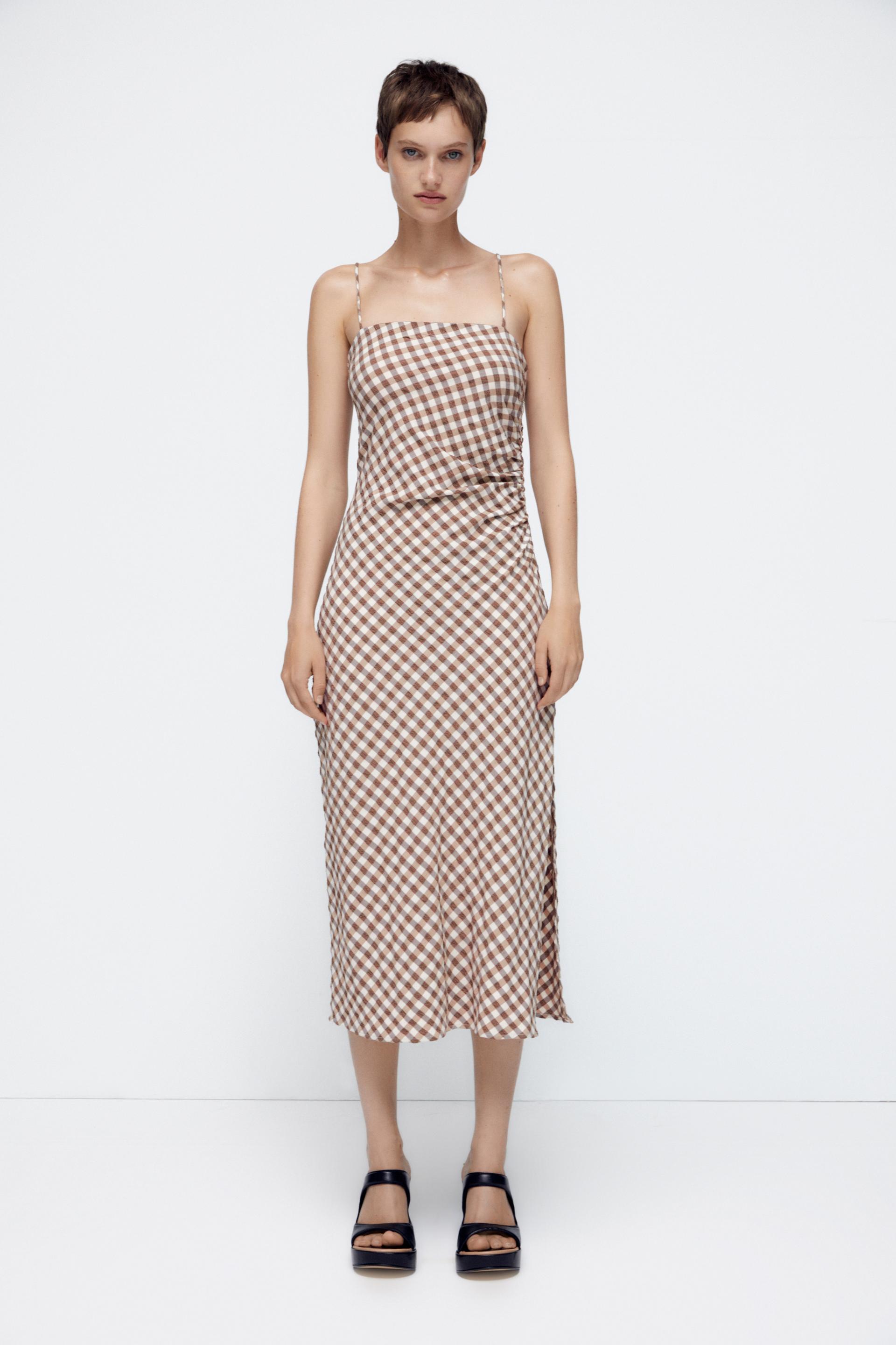 ギンガムチェック柄ワンピース ブラウン エクリュ Zara Japan 日本 ギンガムチェック柄ワンピース ブラウン エクリュ Zara Japan 日本