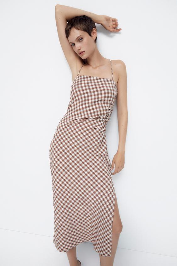 ギンガムチェック柄ワンピース ブラウン エクリュ Zara Japan 日本 ギンガムチェック柄ワンピース ブラウン エクリュ Zara Japan 日本