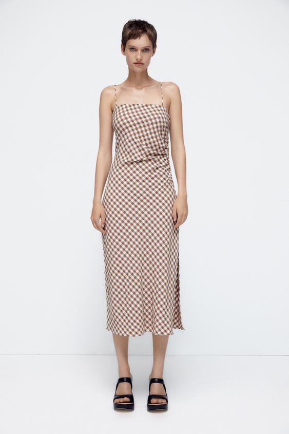 ギンガムチェック柄ワンピース ブラウン エクリュ Zara Japan 日本 ギンガムチェック柄ワンピース ブラウン エクリュ Zara Japan 日本