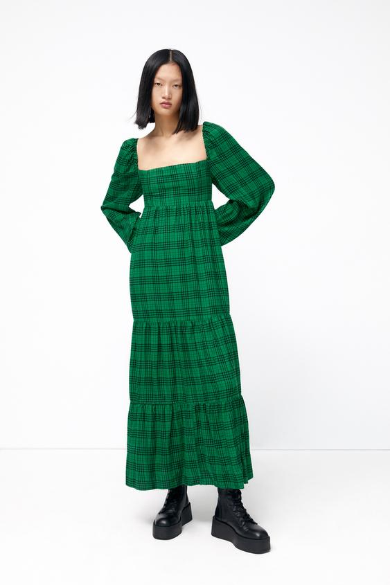 チェック柄ミディ丈ワンピース ブラック グリーン Zara Japan 日本 チェック柄ミディ丈ワンピース ブラック グリーン Zara Japan 日本