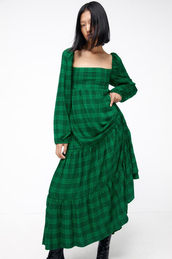 チェック柄ミディ丈ワンピース ブラック グリーン Zara Japan 日本 チェック柄ミディ丈ワンピース ブラック グリーン Zara Japan 日本