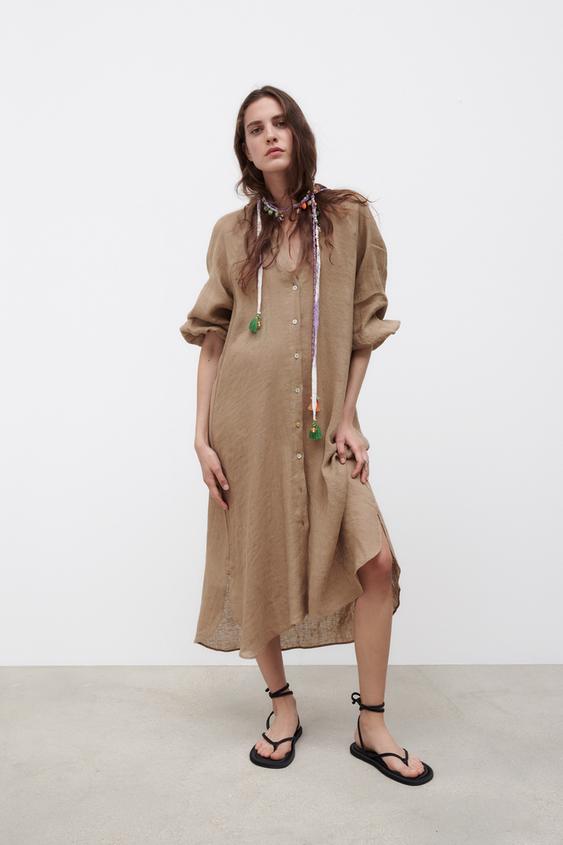 リネンワンピース ゴールデンブラウン Zara Japan 日本 リネンワンピース ゴールデンブラウン Zara Japan 日本