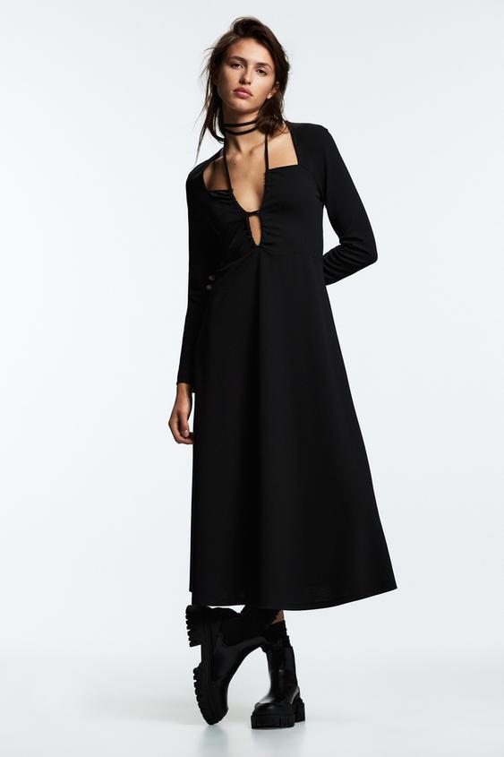 スリット入りミディワンピース ブラック Zara Japan 日本 スリット入りミディワンピース ブラック Zara Japan 日本