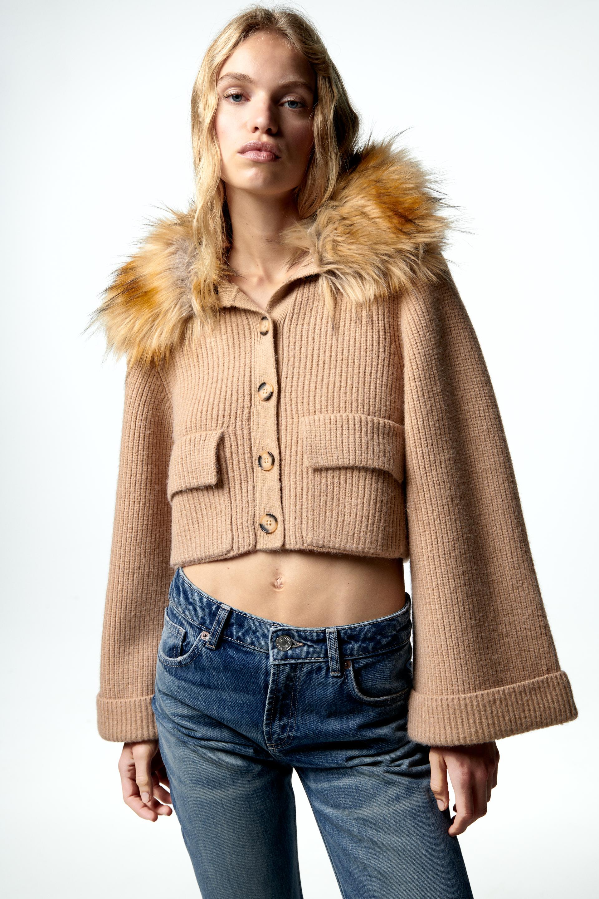 フェイクファーカラー ニットジャケット ダークミンク Zara Japan 日本 フェイクファーカラー ニットジャケット ダークミンク Zara Japan 日本