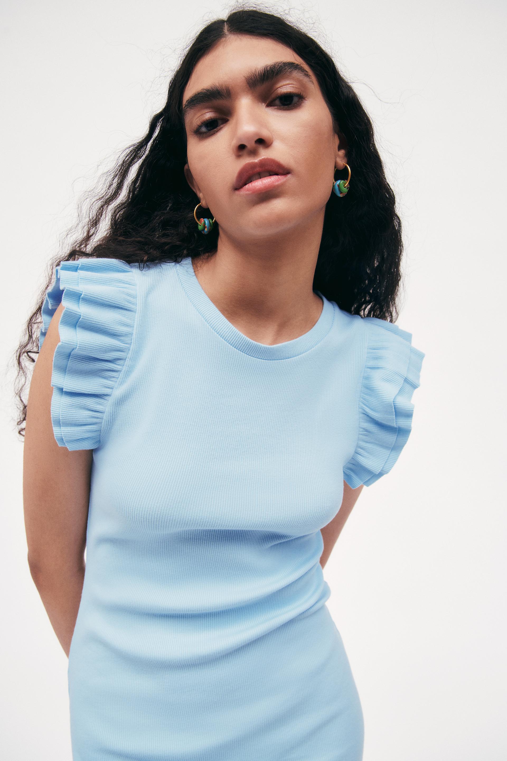 フリル リブワンピース ライトブルー Zara Japan 日本 フリル リブワンピース ライトブルー Zara Japan 日本