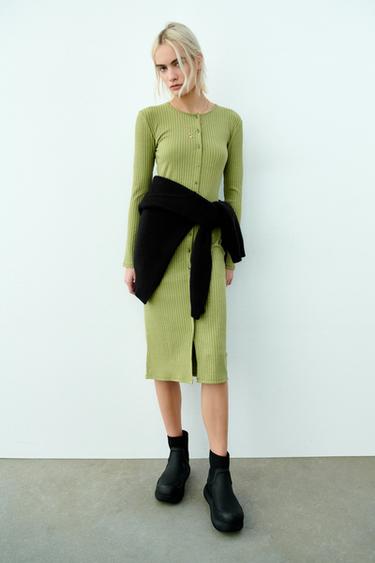 ボタン付きリブワンピース ミディアムグリーン Zara Japan 日本 ボタン付きリブワンピース ミディアムグリーン Zara Japan 日本