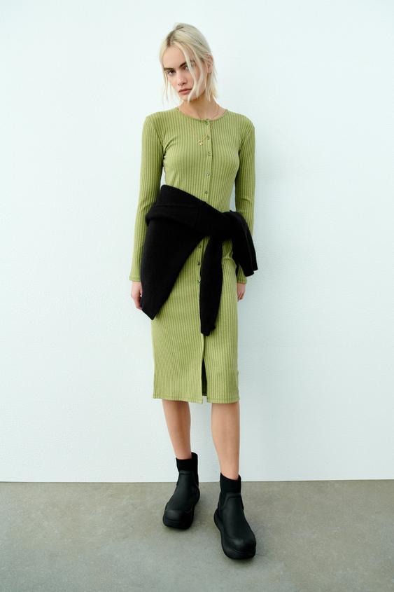 ボタン付きリブワンピース ミディアムグリーン Zara Japan 日本 ボタン付きリブワンピース ミディアムグリーン Zara Japan 日本