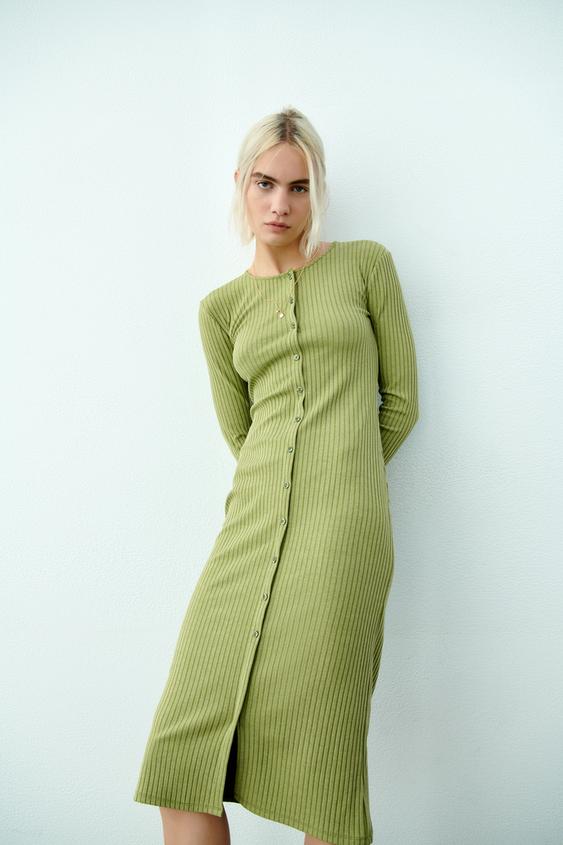 ボタン付きリブワンピース ミディアムグリーン Zara Japan 日本 ボタン付きリブワンピース ミディアムグリーン Zara Japan 日本