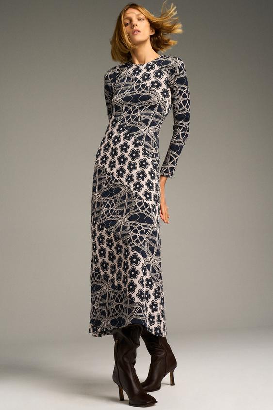 ロング丈ジャカードワンピース ブルー グレー Zara Japan 日本 ロング丈ジャカードワンピース ブルー グレー Zara Japan 日本