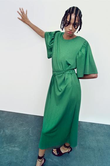 ベルト付きミディ丈ワンピース グリーン Zara Japan 日本 ベルト付きミディ丈ワンピース グリーン Zara Japan 日本