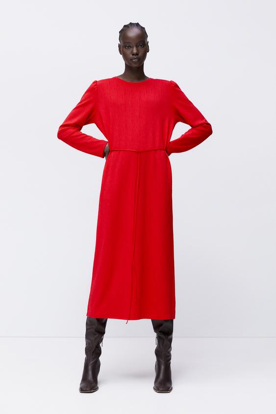 ベルト付きミディ丈ワンピース レッド Zara Japan 日本 ベルト付きミディ丈ワンピース レッド Zara Japan 日本