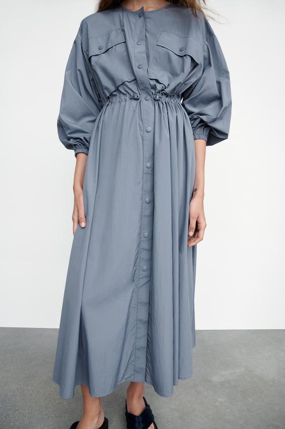 ゴムウエストミディ丈ワンピース ブルー グレー Zara Japan 日本 ゴムウエストミディ丈ワンピース ブルー グレー Zara Japan 日本