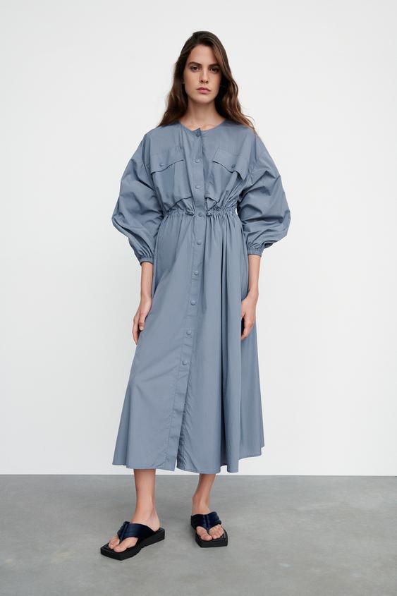 ゴムウエストミディ丈ワンピース ブルー グレー Zara Japan 日本 ゴムウエストミディ丈ワンピース ブルー グレー Zara Japan 日本
