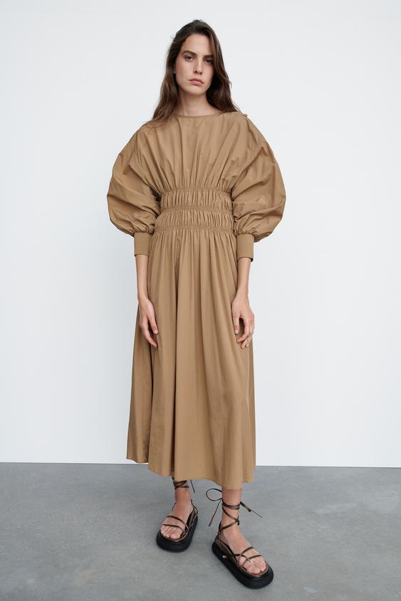 ゴムウエストミディ丈ワンピース ミディアムキャメル Zara Japan 日本 ゴムウエストミディ丈ワンピース ミディアムキャメル Zara Japan 日本