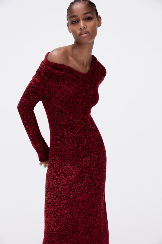 ギャザーショルダー ニット ワンピース レッド ブラック Zara Japan 日本 ギャザーショルダー ニット ワンピース レッド ブラック Zara Japan 日本