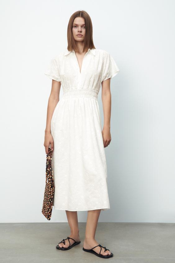 Embroidered Midi Dress Oyster White Zara United States Embroidered Midi Dress Oyster White Zara United States