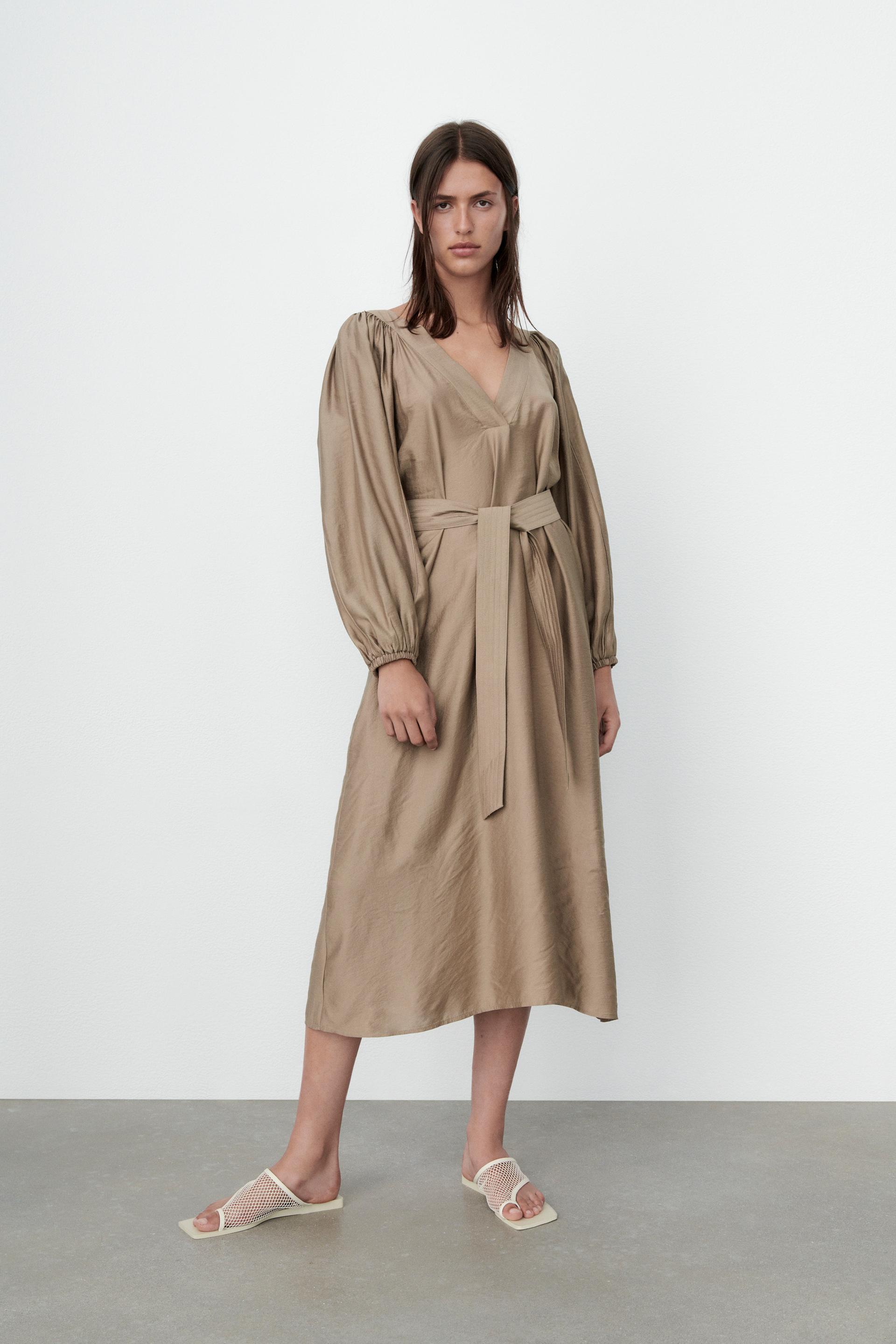 ベルト付きミディ丈ワンピース ブラウン モール Zara Japan 日本 ベルト付きミディ丈ワンピース ブラウン モール Zara Japan 日本