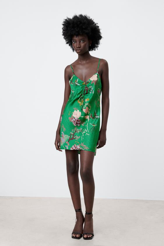 プリント柄サテンワンピース グリーン Zara Japan 日本 プリント柄サテンワンピース グリーン Zara Japan 日本