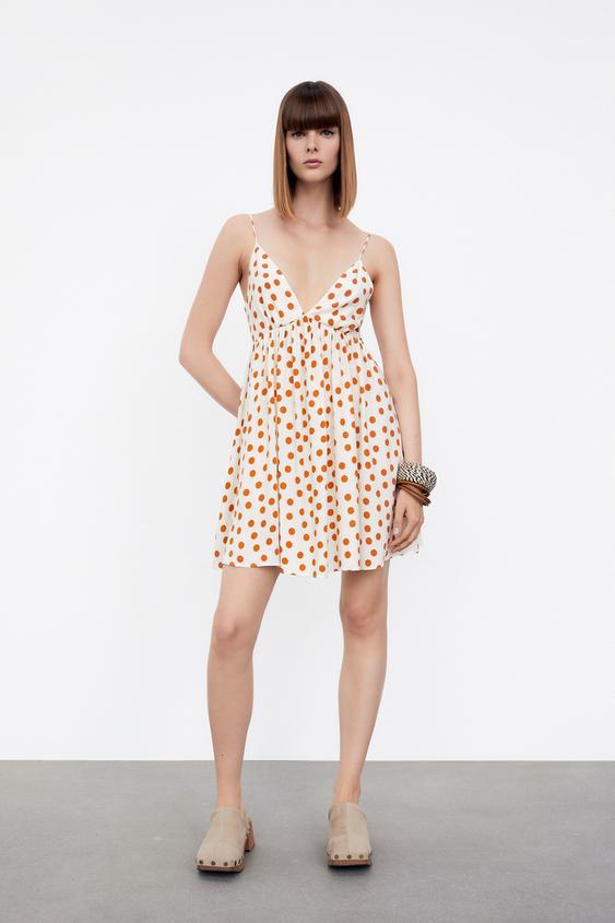 ドット柄ショート丈ワンピース ブラウン エクリュ Zara Japan 日本 ドット柄ショート丈ワンピース ブラウン エクリュ Zara Japan 日本