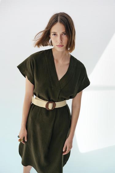 リネンブレンド ベルトディテール チュニックワンピース カーキ Zara Japan 日本 リネンブレンド ベルトディテール チュニックワンピース カーキ Zara Japan 日本
