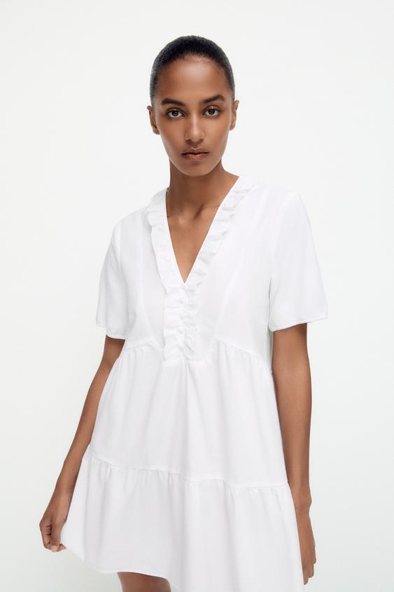 フリル付きミニワンピース ホワイト Zara Japan 日本 フリル付きミニワンピース ホワイト Zara Japan 日本