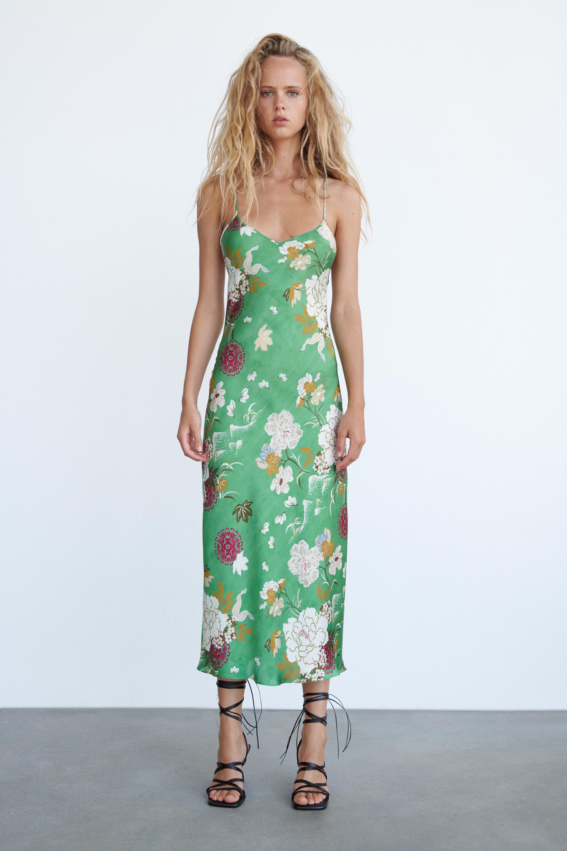 Satin effect print dress green zara Clearance