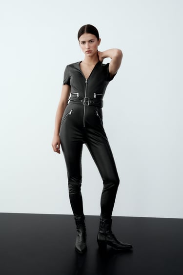 ZIPPERED FAUX LEATHER JUMPSUIT