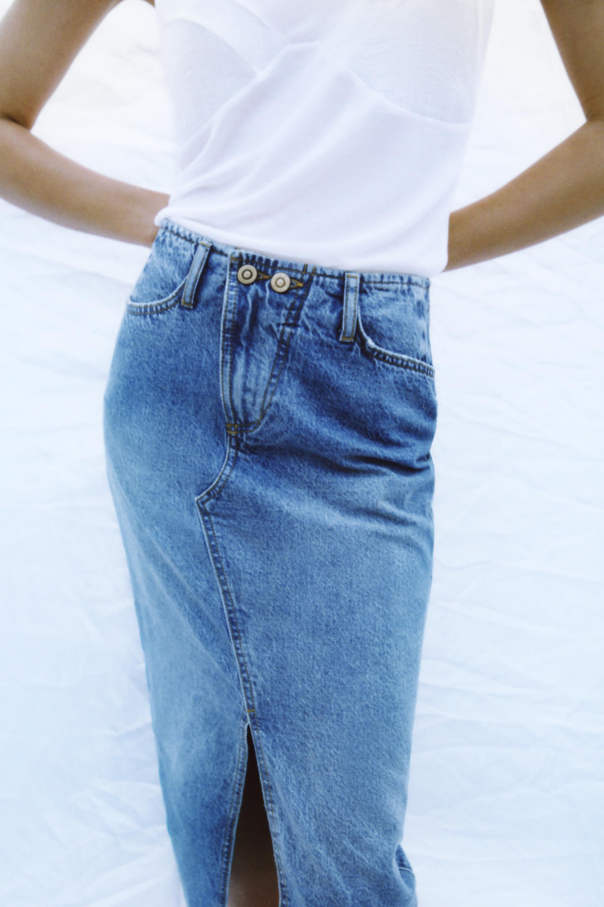 zara high waist denim midi skirt